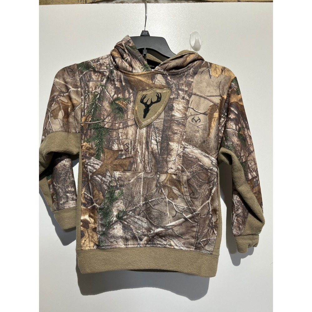 Scent Blocker Kids Camo Fleece Hoodie RealTree Deer Patch Brown Tan Size L\